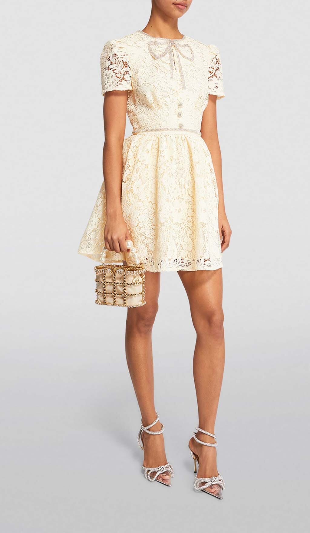 Flowering Girl Women Lace Bow Mini Dress In Cream Yellow