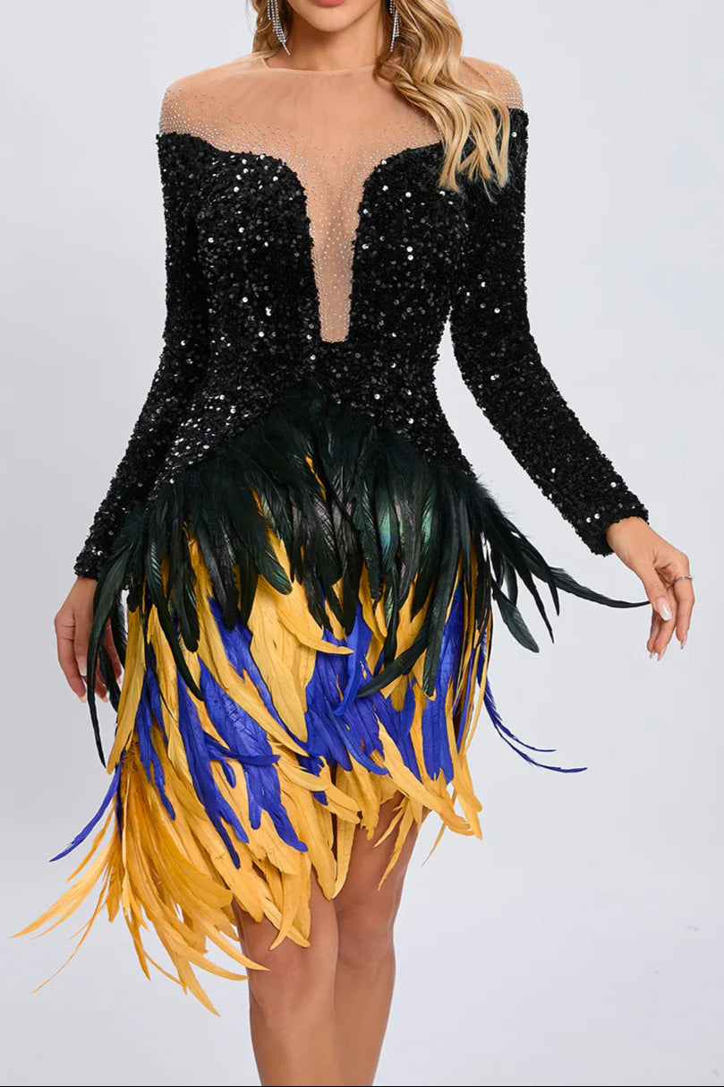 Flowering Girl Women Feather Embellished Sequin Mini Dress In Black