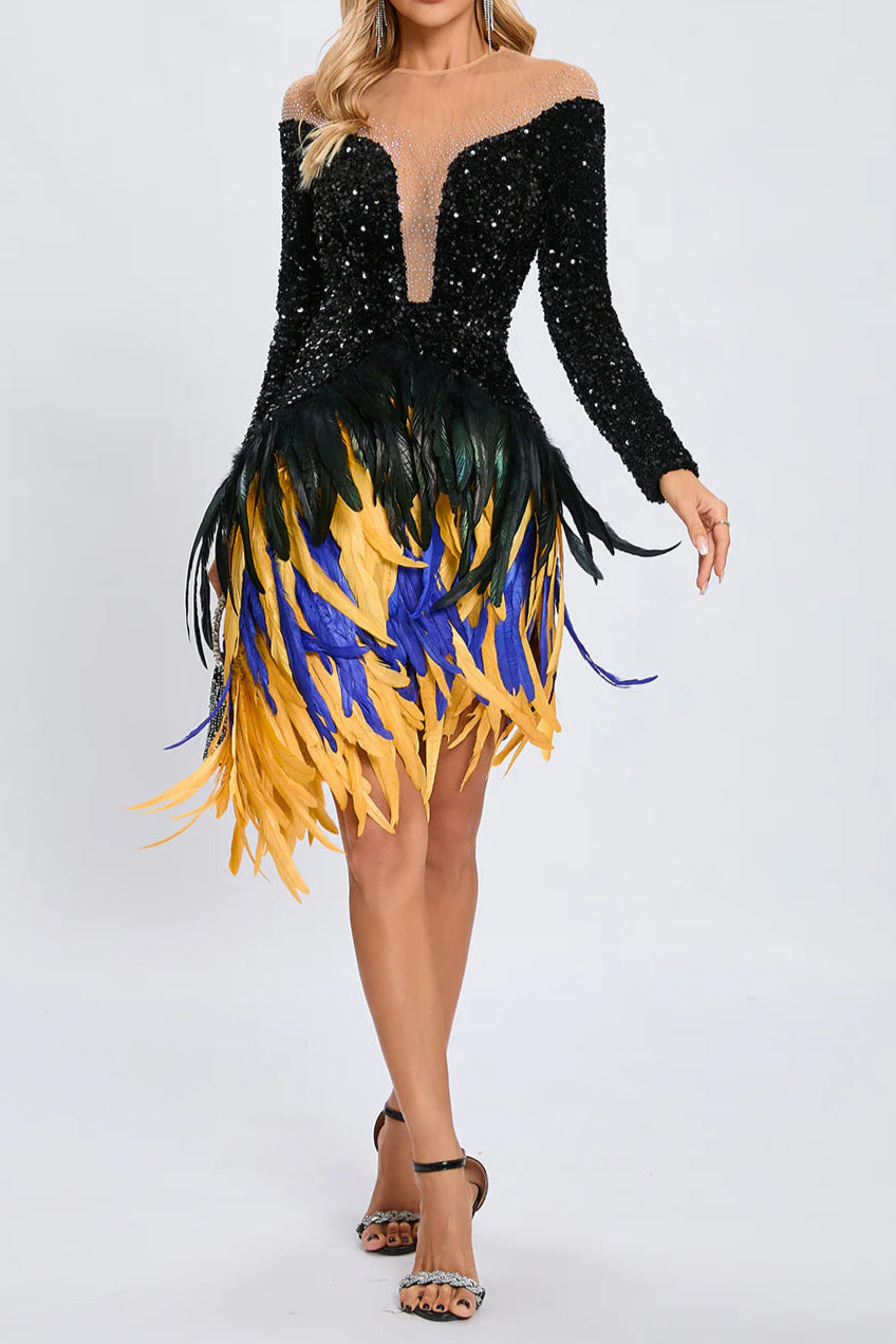 Flowering Girl Women Feather Embellished Sequin Mini Dress In Black