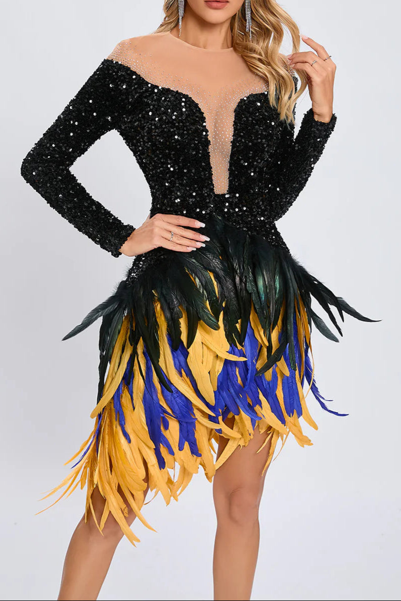 Flowering Girl Women Feather Embellished Sequin Mini Dress In Black