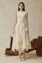 kelly beige Cape Sleeve Ruffle Midi Dress with belt