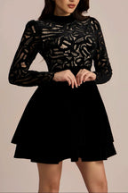 Flowering Girl Women Setlla Long Sleeve Hollow Velvet Mini Dress
