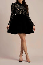 Flowering Girl Women Setlla Long Sleeve Hollow Velvet Mini Dress