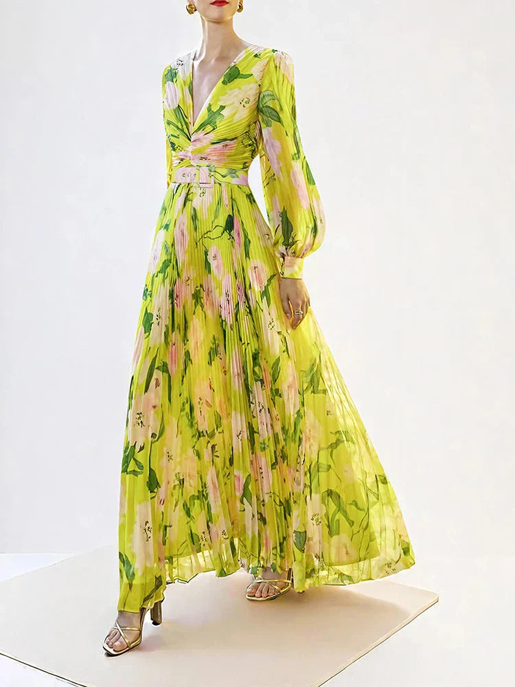 Jennifer Floral Print Pleated Lantern Sleeve Maxi Dress In Yellow