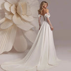 A Line Off Shoulder Split Satin Lace Appliques Bridal Gowns