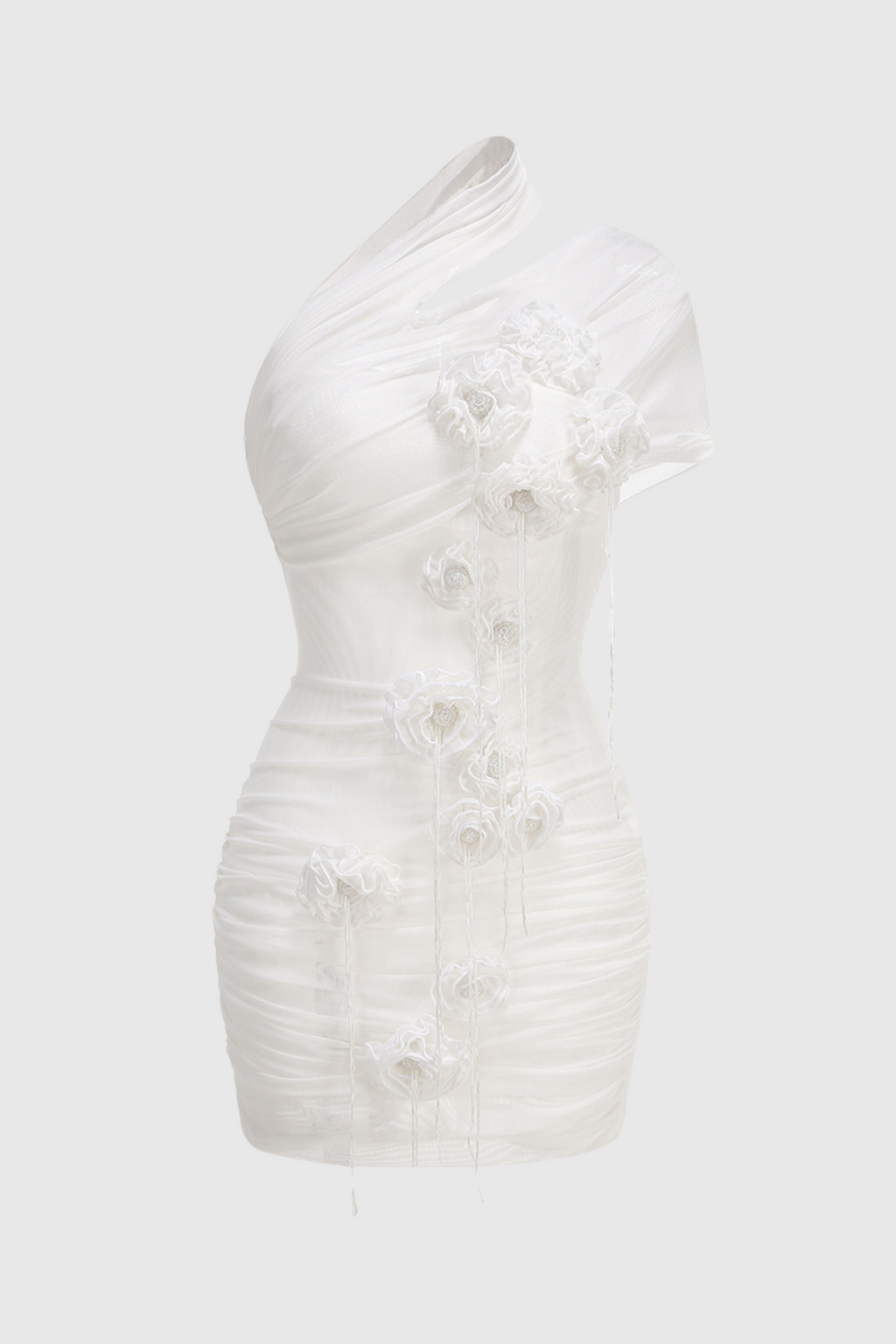 hazel One Shoulder Floral Mesh Ruched Mini Dress in white