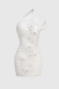 hazel One Shoulder Floral Mesh Ruched Mini Dress in white