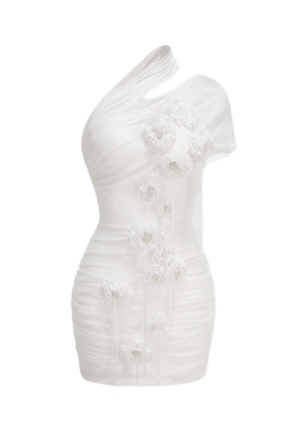 Flowering Girl Women One Shoulder Floral Mesh Ruched Mini Dress