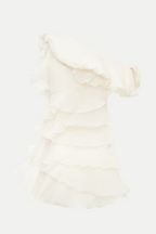 Flowering Girl Women Shelyn Flower One Shoulder Ruffle Mini Dress - Beige