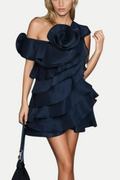 Flowering Girl Women Shelyn Flower One Shoulder Ruffle Mini Dress - Black