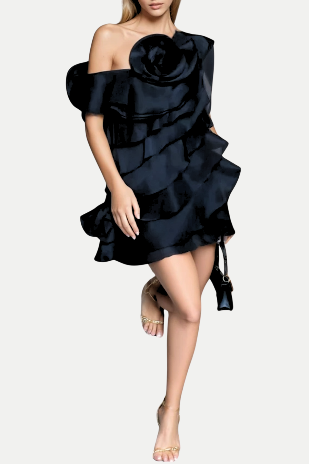 Flowering Girl Women Shelyn Flower One Shoulder Ruffle Mini Dress - Black