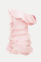 Shelyn Flower One Shoulder Ruffle Mini Dress - Pink
