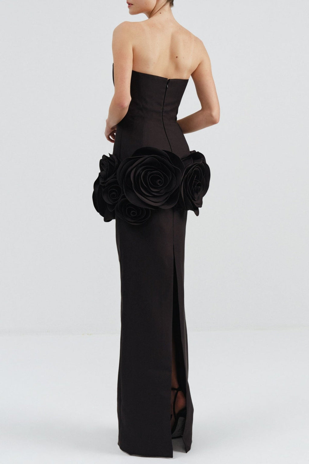 Flowering Girl Women Floral Appliqué Strapless Maxi Bandage Dress - Black