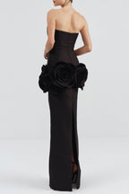 Flowering Girl Women Floral Appliqué Strapless Maxi Bandage Dress - Black