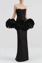 Flowering Girl Women Floral Appliqué Strapless Maxi Bandage Dress - Black