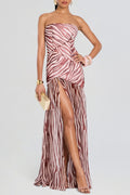 Flowering Girl Women Shmaka Zebra Print Strapless Slit Maxi Dress
