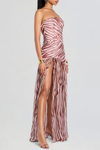 Flowering Girl Women Shmaka Zebra Print Strapless Slit Maxi Dress