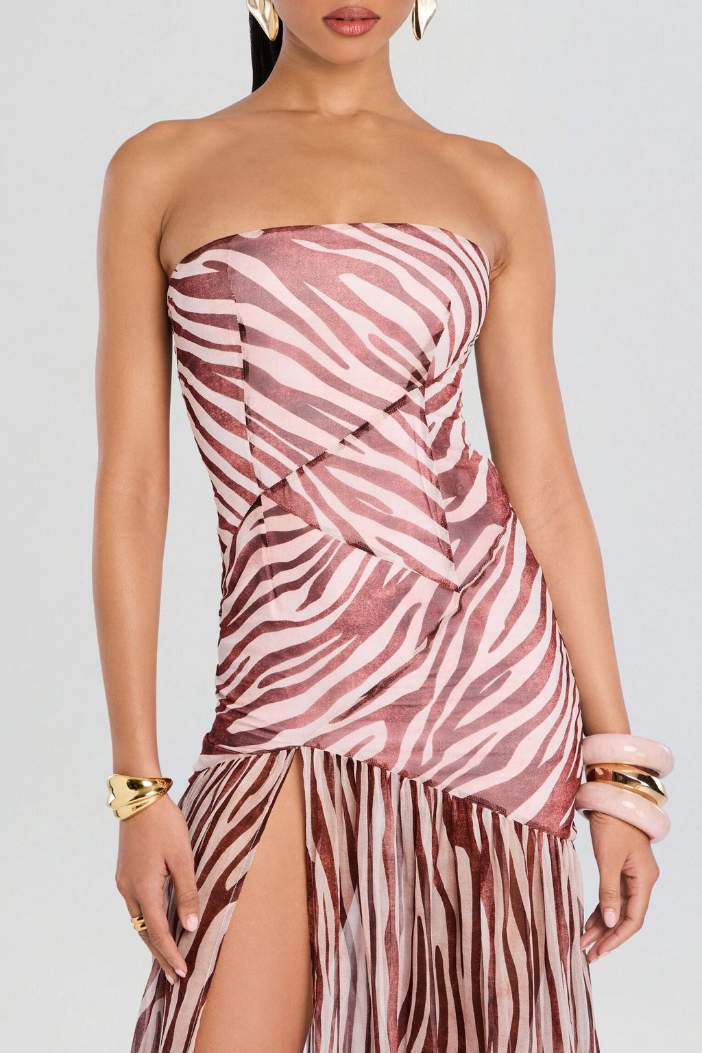 Flowering Girl Women Shmaka Zebra Print Strapless Slit Maxi Dress