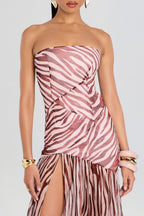 Flowering Girl Women Shmaka Zebra Print Strapless Slit Maxi Dress