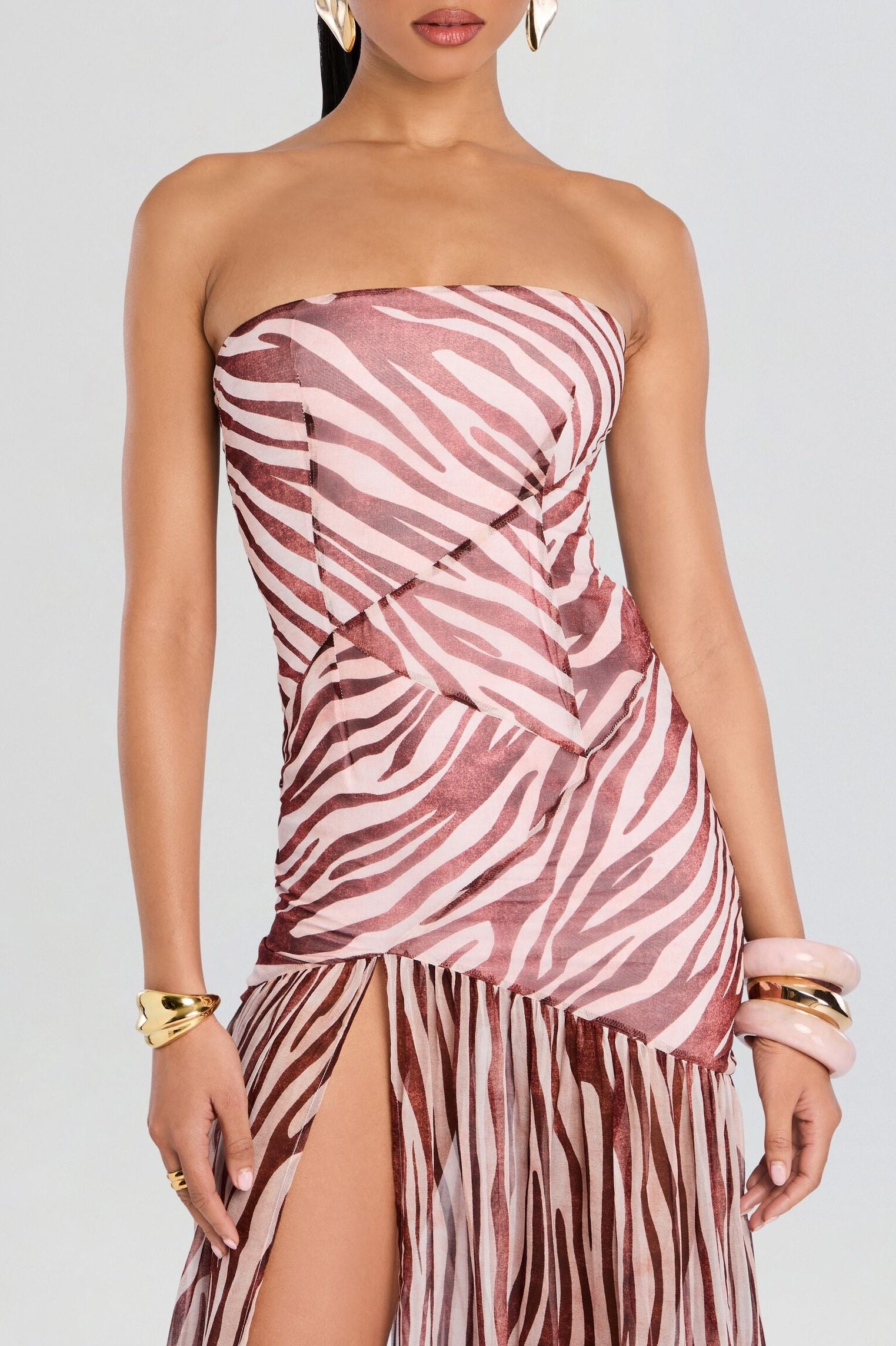 Flowering Girl Women Shmaka Zebra Print Strapless Slit Maxi Dress