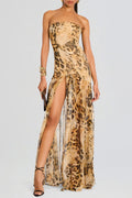 Flowering Girl Women Shmaka Leopard Print Strapless Slit Maxi Dress