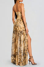 Flowering Girl Women Shmaka Leopard Print Strapless Slit Maxi Dress