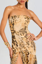 Flowering Girl Women Shmaka Leopard Print Strapless Slit Maxi Dress