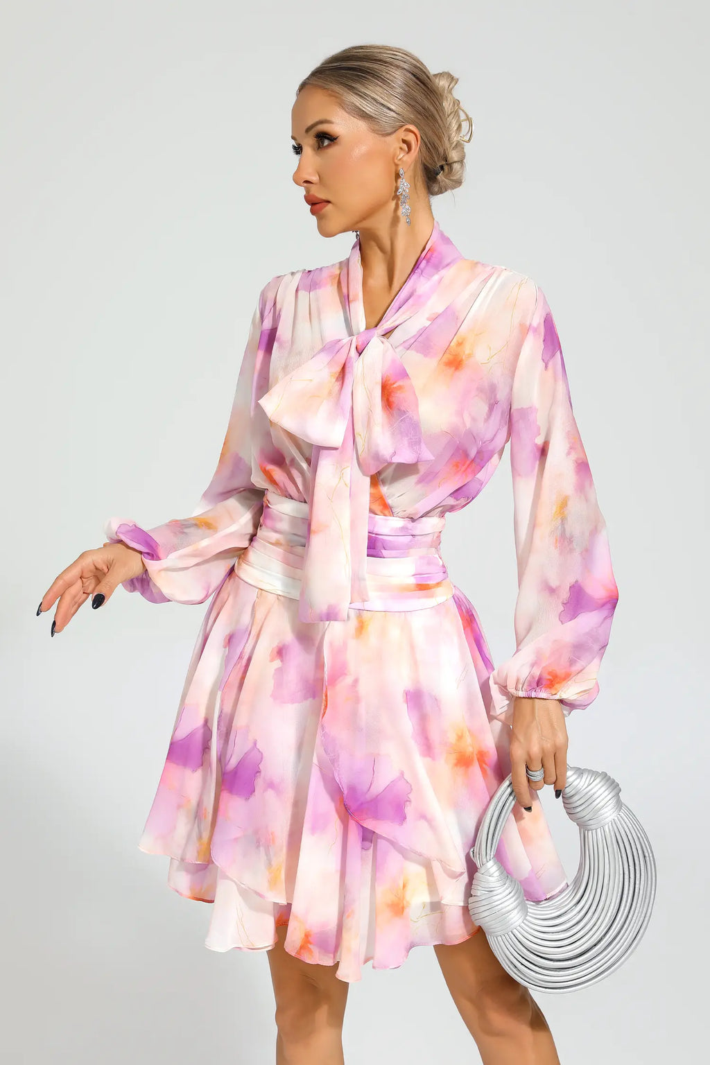 teresa Pink Floral puff sleeve Mini Dress