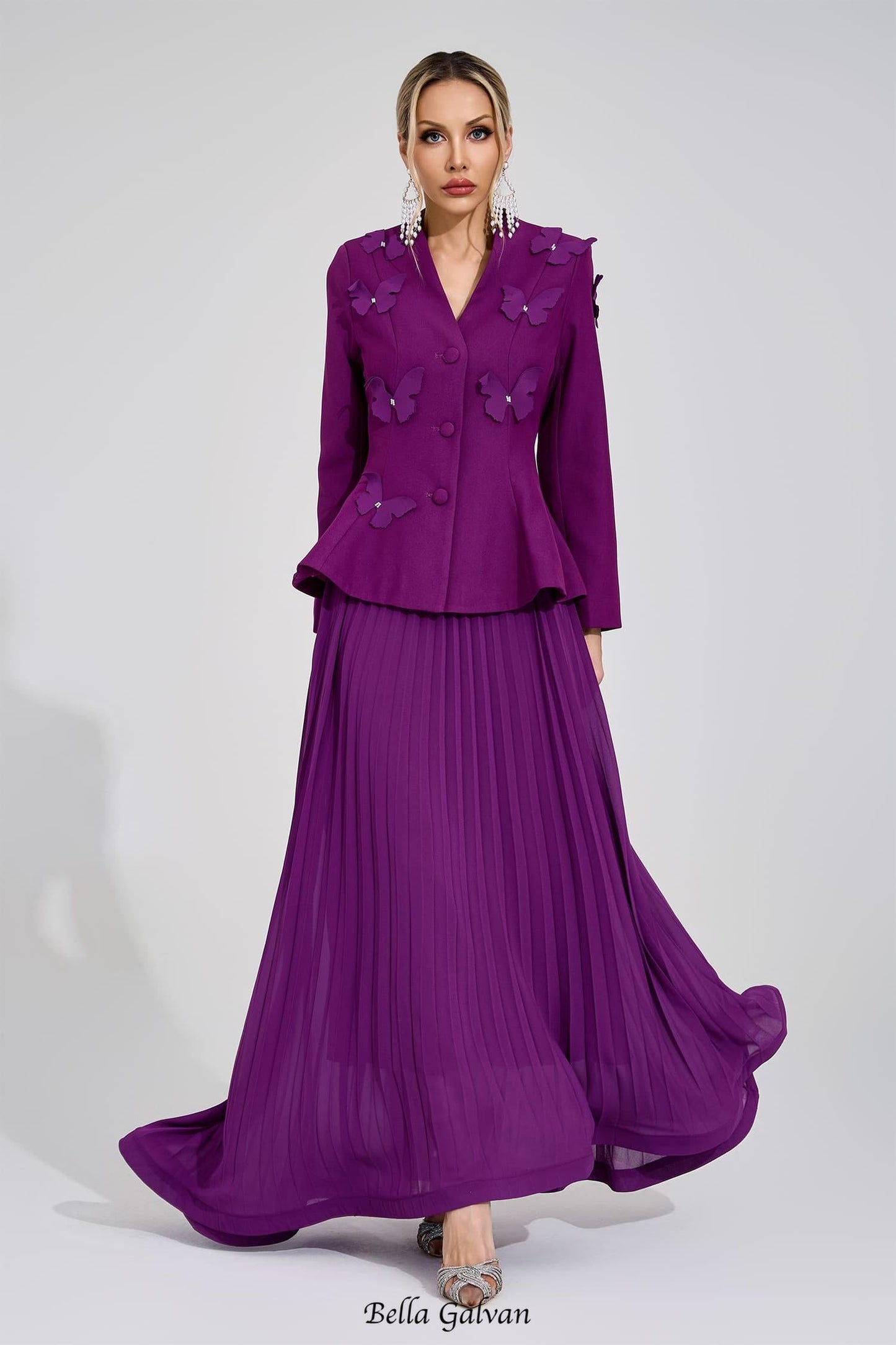 sabrina floral Embroidered coat maxi skirt set - purple