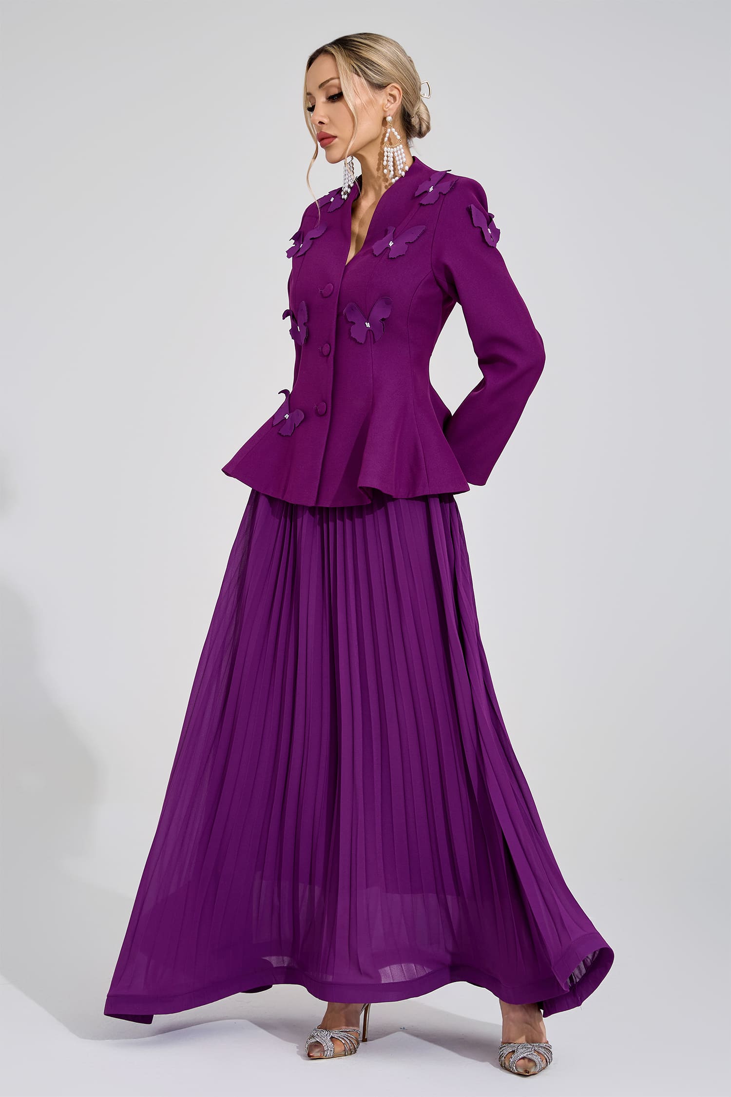 sabrina floral Embroidered coat maxi skirt set - purple