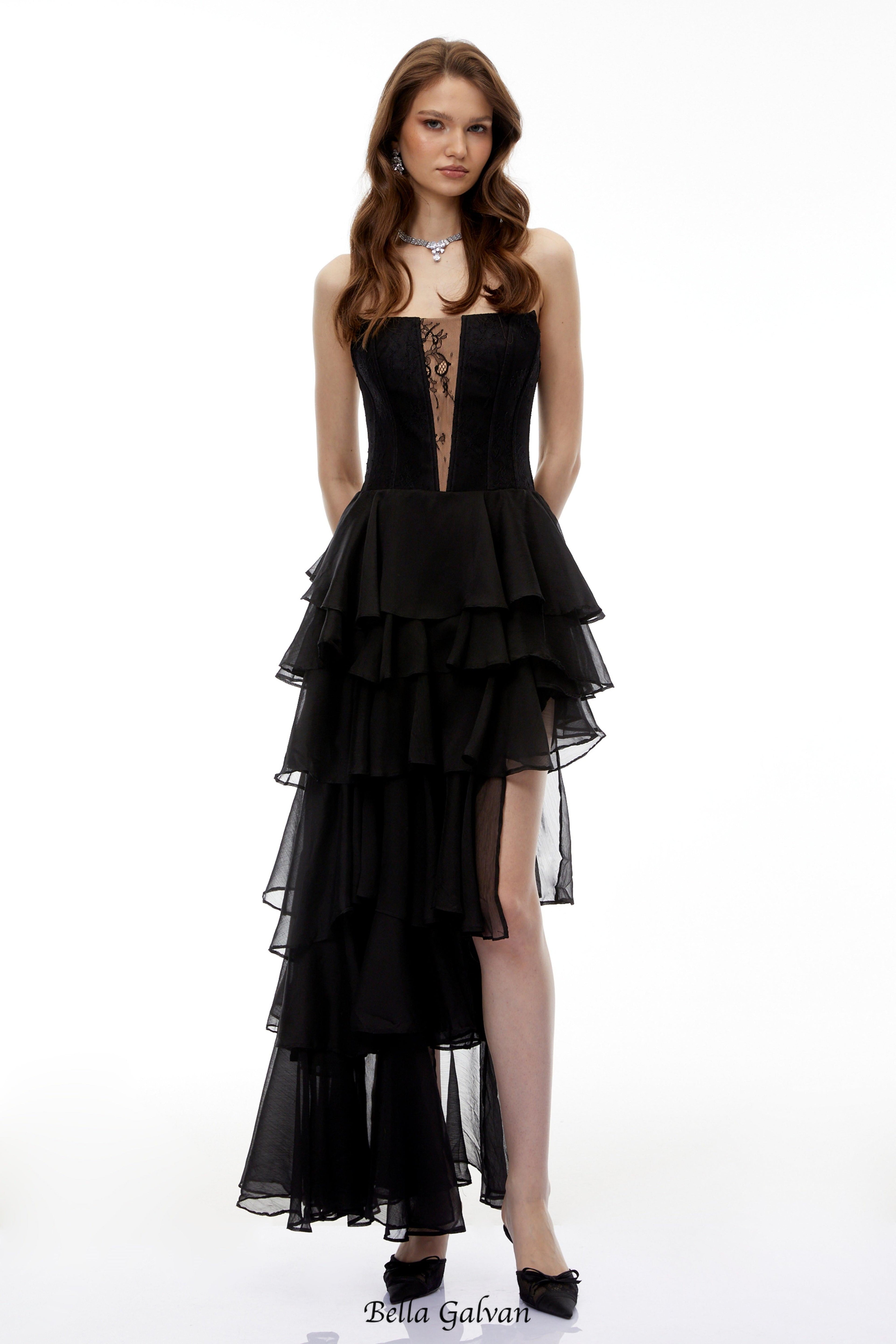 sophia Cut-Out Tulle layer strapless Maxi Dress in Black