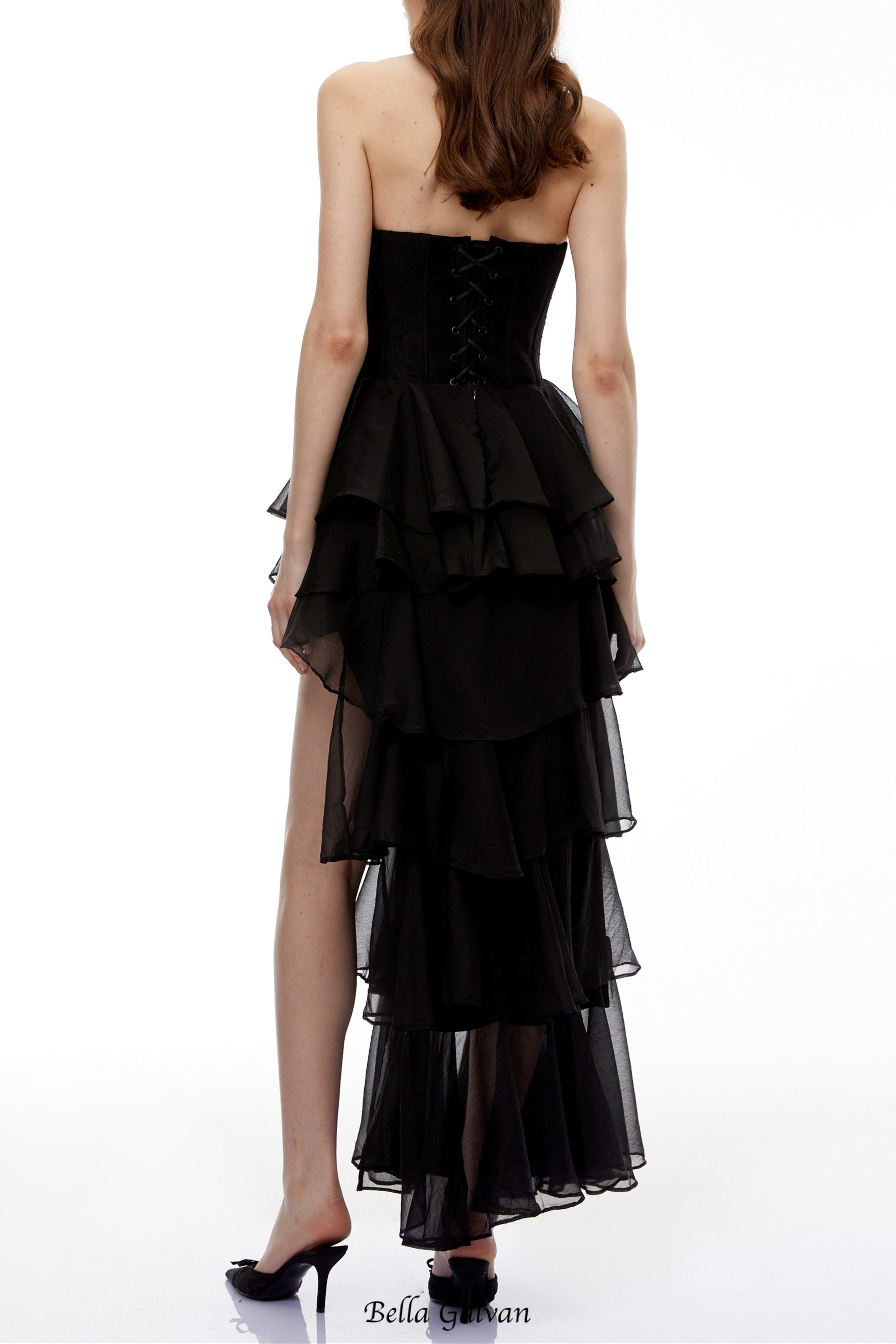 sophia Cut-Out Tulle layer strapless Maxi Dress in Black