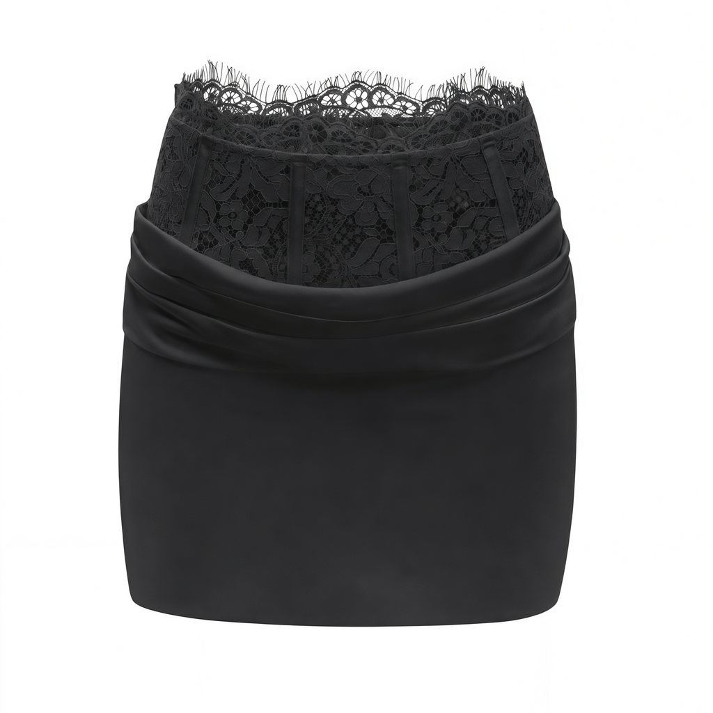 Flowering Girl Women Black Satin Draped Sleeveless Crop Top Lace Corset Ruched Mini Skirt Two-Piece Set
