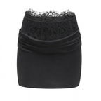 Flowering Girl Women Black Satin Draped Sleeveless Crop Top Lace Corset Ruched Mini Skirt Two-Piece Set