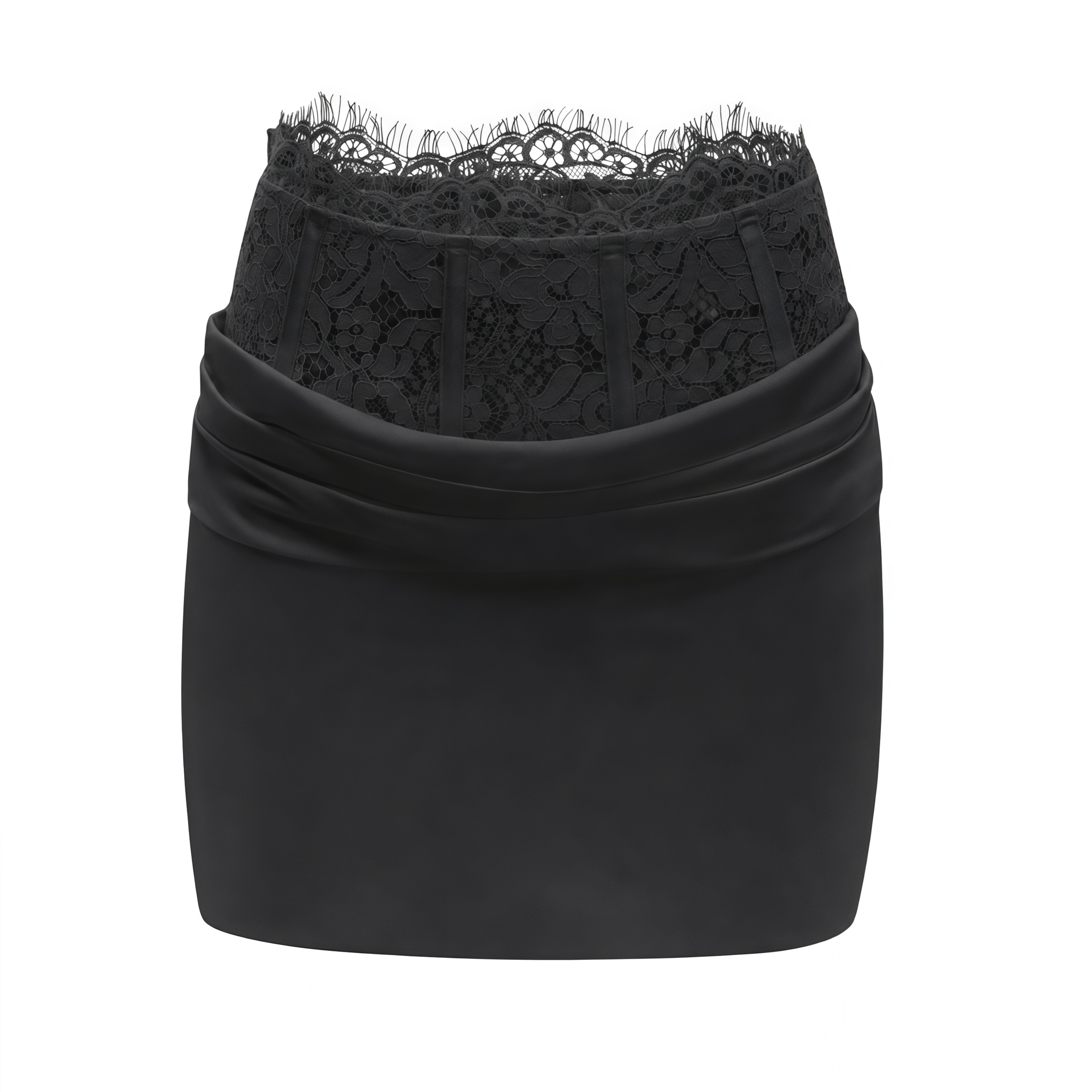 Flowering Girl Women Black Satin Draped Sleeveless Crop Top Lace Corset Ruched Mini Skirt Two-Piece Set