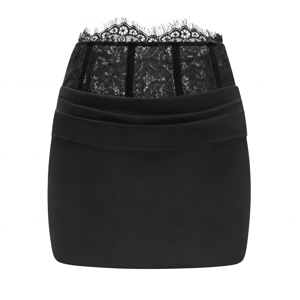 Flowering Girl Women Black Satin Draped Sleeveless Crop Top Lace Corset Ruched Mini Skirt Two-Piece Set