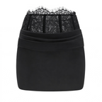 Flowering Girl Women Black Satin Draped Sleeveless Crop Top Lace Corset Ruched Mini Skirt Two-Piece Set