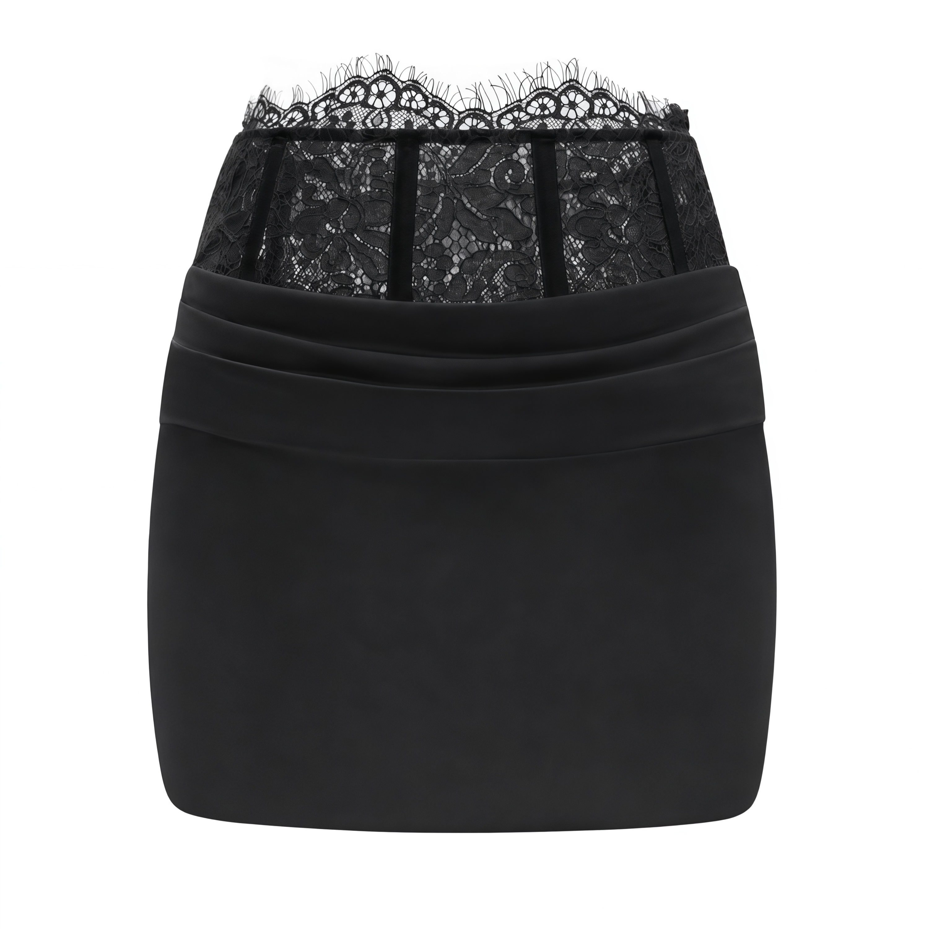 Flowering Girl Women Black Satin Draped Sleeveless Crop Top Lace Corset Ruched Mini Skirt Two-Piece Set