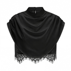 Flowering Girl Women Black Satin Draped Sleeveless Crop Top Lace Corset Ruched Mini Skirt Two-Piece Set