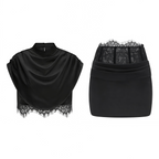 Flowering Girl Women Black Satin Draped Sleeveless Crop Top Lace Corset Ruched Mini Skirt Two-Piece Set
