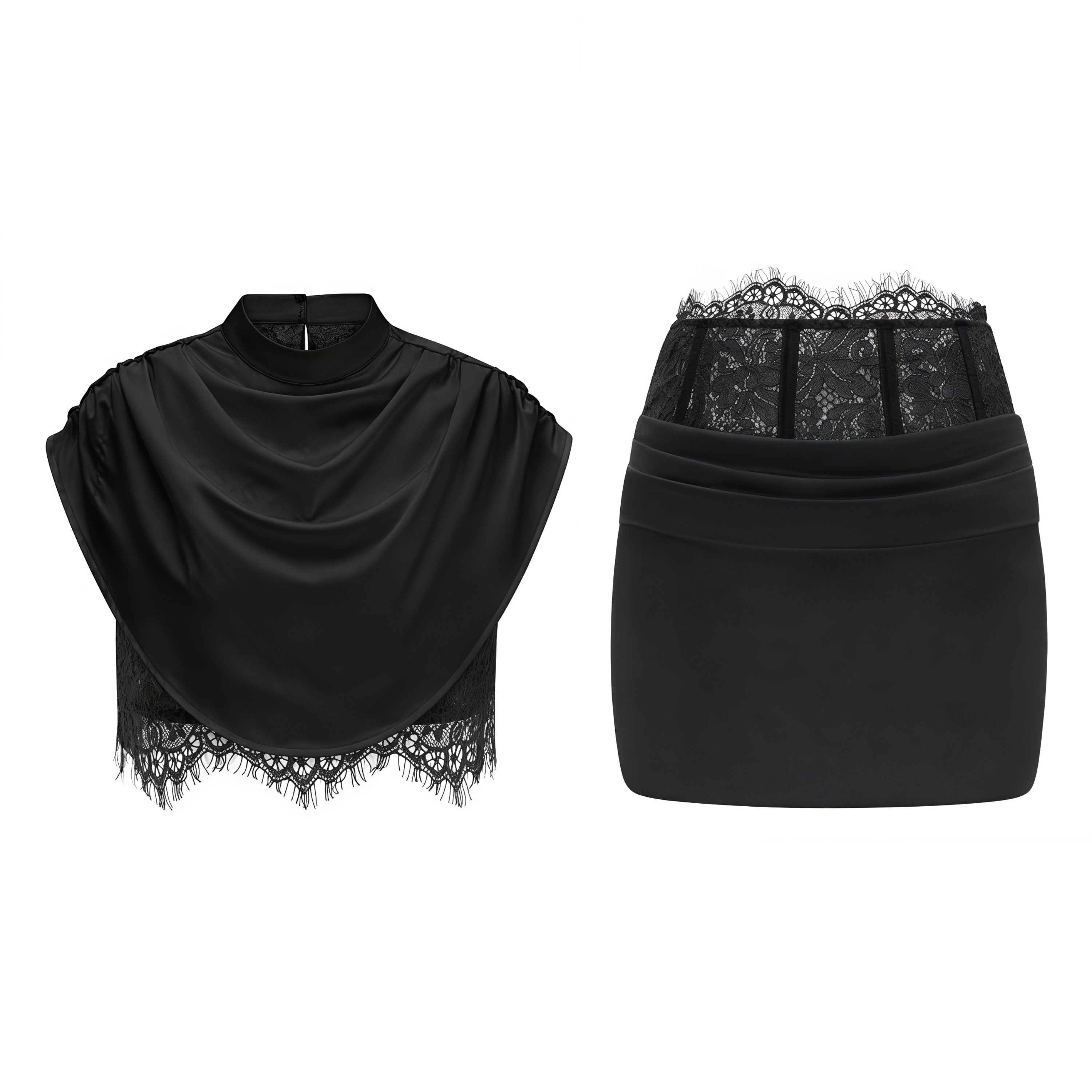 Flowering Girl Women Black Satin Draped Sleeveless Crop Top Lace Corset Ruched Mini Skirt Two-Piece Set