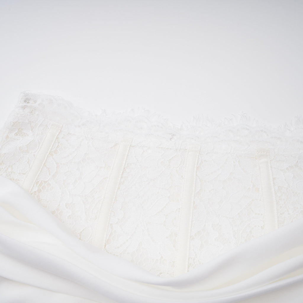 Flowering Girl Women Ivory Draped Satin Sleeveless Crop Top Lace Corset Ruched Mini Skirt Two-Piece Set