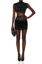 Flowering Girl Women Black Satin Draped Sleeveless Crop Top Lace Corset Ruched Mini Skirt Two-Piece Set