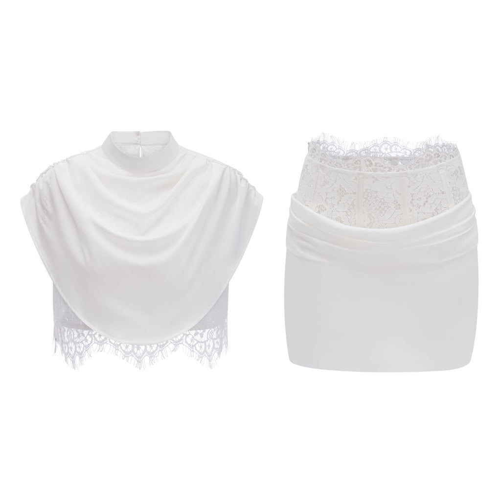 Flowering Girl Women Ivory Draped Satin Sleeveless Crop Top Lace Corset Ruched Mini Skirt Two-Piece Set