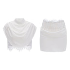 Flowering Girl Women Ivory Draped Satin Sleeveless Crop Top Lace Corset Ruched Mini Skirt Two-Piece Set