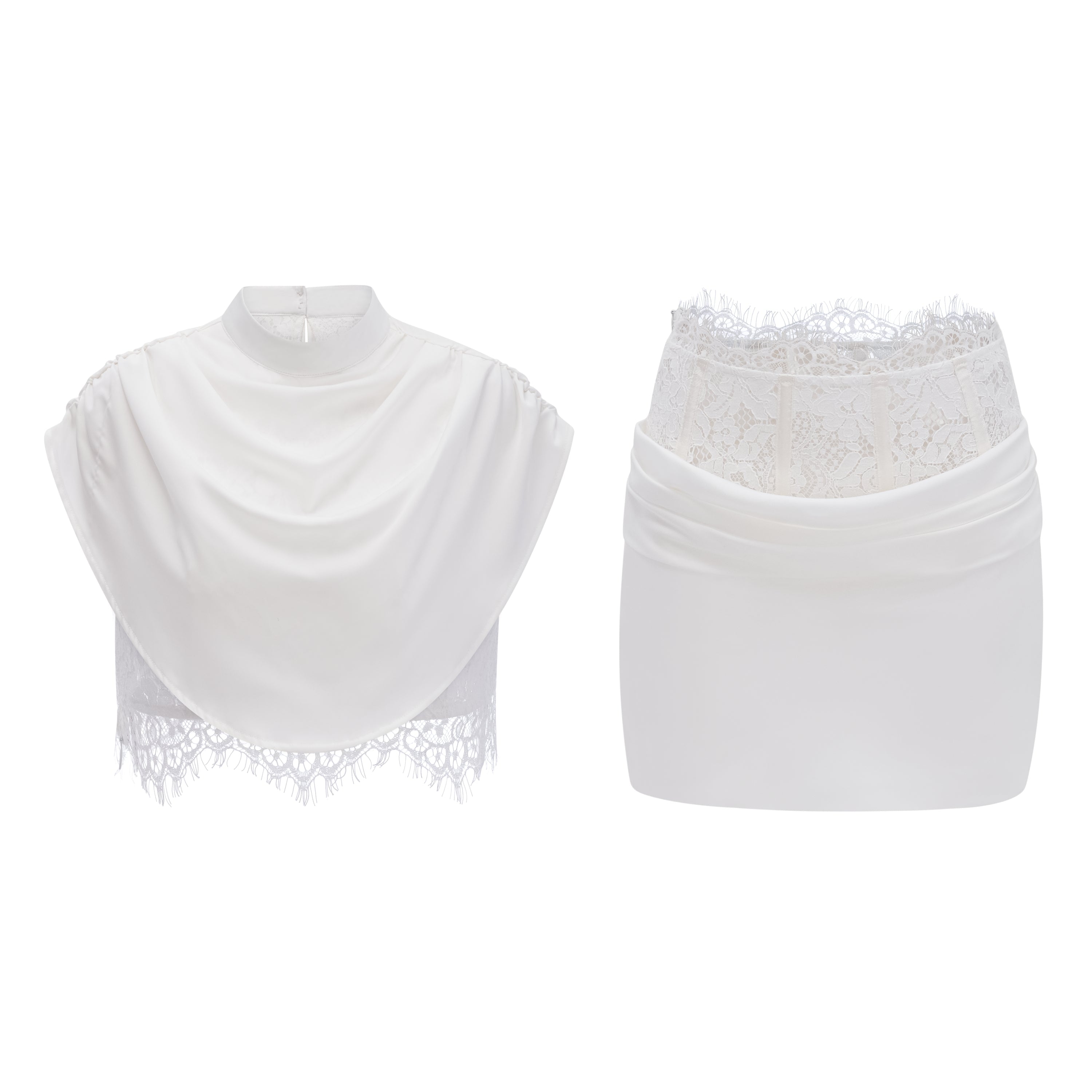 Flowering Girl Women Ivory Draped Satin Sleeveless Crop Top Lace Corset Ruched Mini Skirt Two-Piece Set