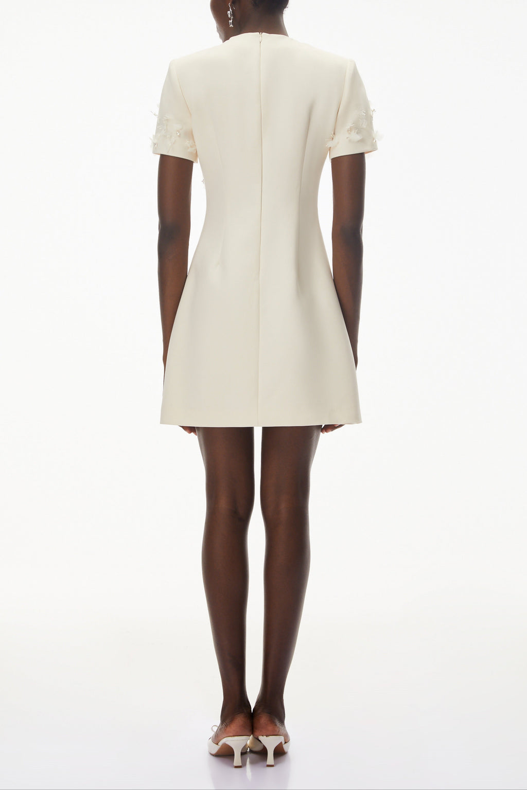 Ivory Round Neck Mini Dress with Floral Applique
