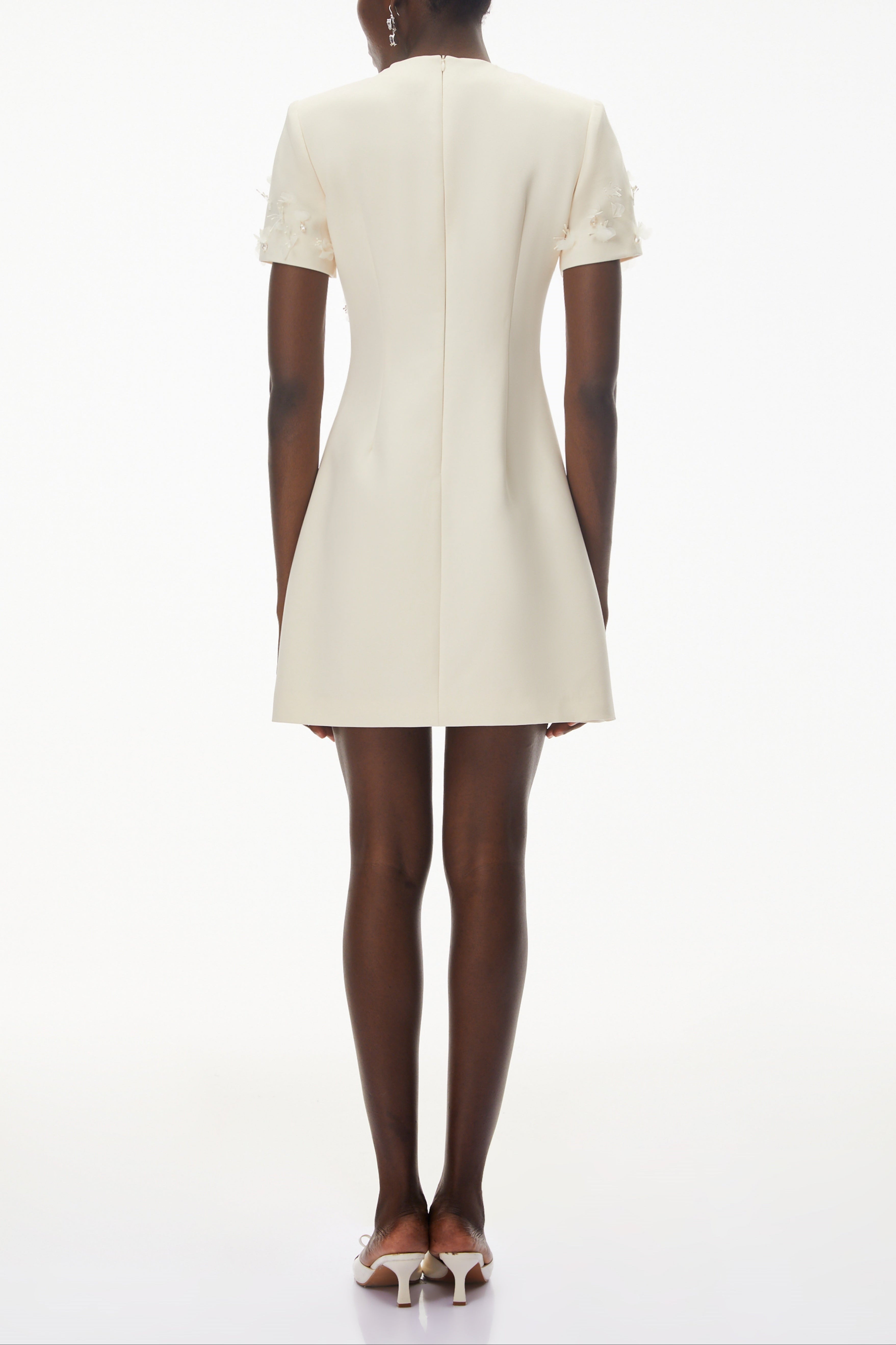 Ivory Round Neck Mini Dress with Floral Applique