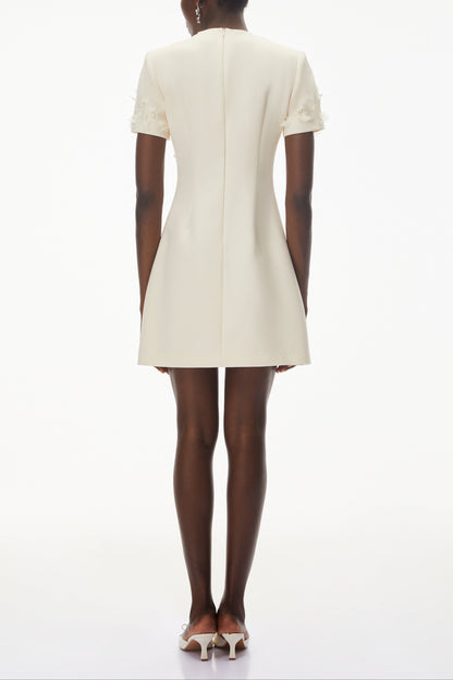 Ivory Round Neck Mini Dress with Floral Applique