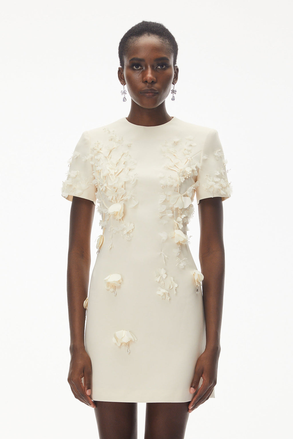 Ivory Round Neck Mini Dress with Floral Applique